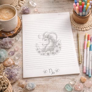 Peut inclure: Un bloc-notes ligné avec une illustration du signe du zodiaque du Capricorne, entourée de fleurs. Le bloc-notes est posé sur une surface en bois avec des cristaux, des stylos et une tasse de café. Un gobelet en bois contient des stylos colorés et un stylo doré est à proximité.
