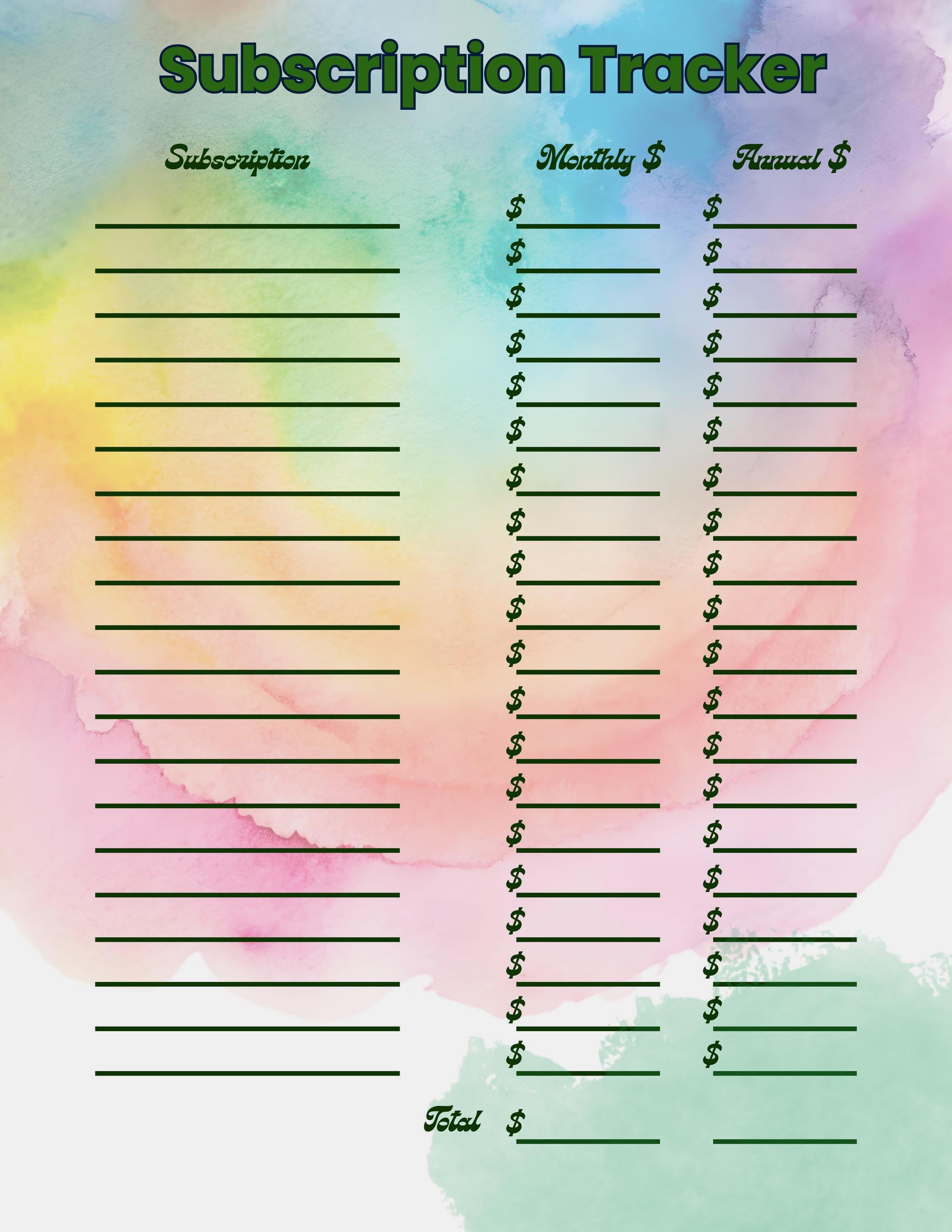Colorful Subscription Tracker Printable | Budget Planner (PDF Download ...