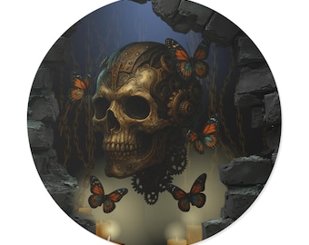 Steampunk Skull Monarch Butterfly Round Sticker | Gothic Halloween Decal