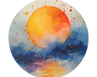 Pegatina redonda de vinilo con efecto acuarela de puesta de sol / Reflejo del sol en el cielo oceánico