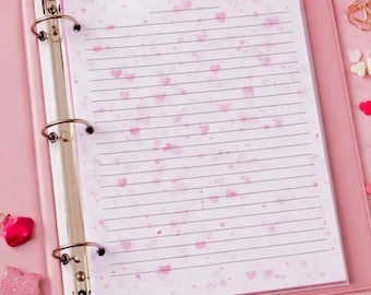 Página de diario con líneas de corazones rosas / Papelería para San Valentín (Descarga en PDF)