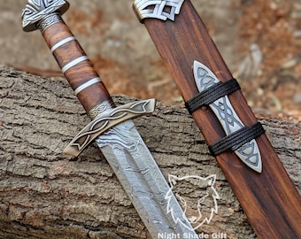 Hand-Forged Damascus Viking Sword: Rosewood Scabbard, Medieval Replica