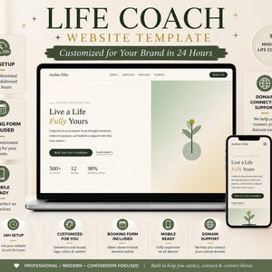 Peut inclure: Un modèle de site web pour coach de vie affiché sur un écran d'ordinateur portable et de smartphone. Le design présente une palette de couleurs vert doux et crème avec le texte "Live a Life Fully Yours" et "Jordan Ellis" visible.