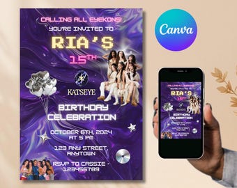 Invito di compleanno KATSEYE - Modello modificabile su Canva / Download immediato - Invito per festa K-Pop / Touch / Beautiful Chaos / Design metallico viola