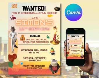 Invito di compleanno a tema "Cattivi ragazzi" modificabile su Canva / Invito stampabile per la festa di compleanno a tema Dreamworks per bambini / Download immediato