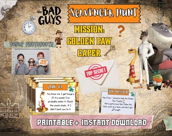 Gioco stampabile di caccia al tesoro dei cattivi / Gioco della zampa d'oro / Attività per feste di compleanno per bambini / Caccia al tesoro a tema film / Download immediato