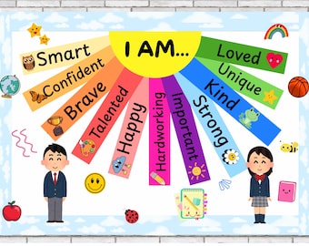 Bacheca con affermazioni positive - Decorazione stampabile per l'aula di ritorno a scuola - Affermazione "IO SONO" Raggi di sole - Download immediato