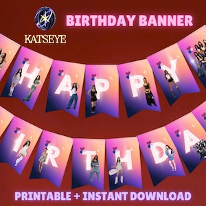 May include: A birthday banner with pennant flags spelling "HAPPY BIRTHDAY". Each flag features a gradient background, images of people, and a heart design. The banner is designed with a purple, pink, and orange colour scheme.