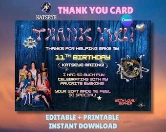 Biglietto di ringraziamento per il compleanno di KATSEYE - Modello modificabile su Canva / Download immediato - Bomboniera per festa K-Pop / Caos spettacolare / Caos meraviglioso
