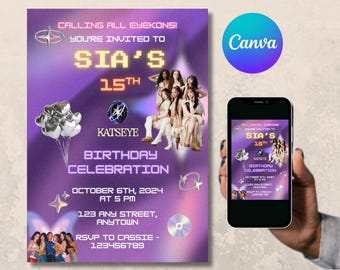 Invito di compleanno KATSEYE - Modello modificabile su Canva / Download immediato - Invito per festa K-Pop / Touch / Beautiful Chaos / Design con aura viola