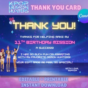 May include: A digital thank you card with a blue and purple gradient background. The card features the text "THANK YOU!" in yellow and pink, along with the words "11th Birthday Mission". The card also includes illustrations of three figures.