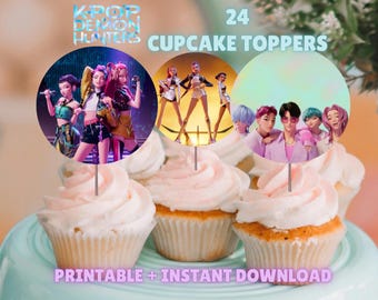 Decorazioni per cupcake Kpop Demon Hunters – Decorazioni per compleanno stampabili – Decorazioni per torte rotonde piccole da 2 pollici – Download immediato – Tema per feste con ragazze anime – PNG