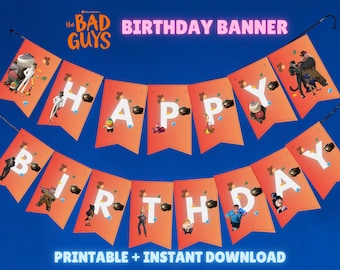 Striscione di compleanno Bad Guys 2 - Bandierine e decorazioni per feste stampabili / Download immediato DreamWorks / Festa per bambini con film d'animazione Disney