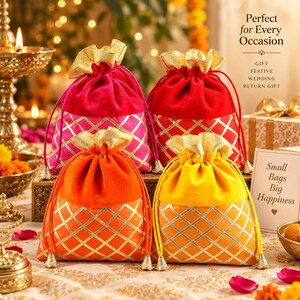 May include: Four drawstring pouches in pink, red, orange, and yellow velvet with gold metallic lattice patterns and gold fabric trim. The pouches feature text reading Perfect for Every Occasion, Gift, Festive, Wedding, Return Gift, and Small Bags Big Happiness.