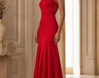 Robe de soirée rouge UE 36 - Encolure bordée d'or, robe à empiècements, robe longue sans manches, robe de soirée élégante, robe d'invitée de mariage