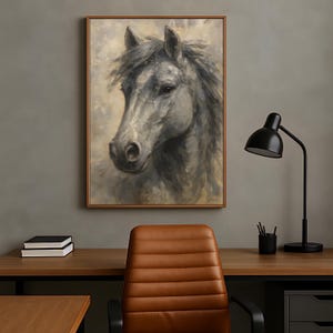 Gray Horse Canvas Art | Textured Oil Painting of Horse | Elegant Equine Wall Decor | Modern Animal Portrait | Vertical A4 Horse Artwork