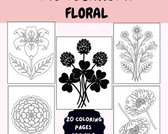 Monochrome Coloring Pages – Simple Folk Art Floral Designs | Printable Botanical Colouring Sheets PDF