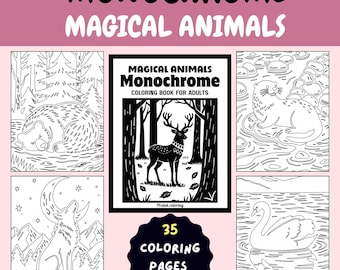 Monochrome Coloring Pages – Folk Art Magical Animals Designs | Printable Coloring Sheets PDF