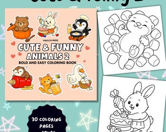Puede incluir: Un libro para colorear para niños titulado "Cute & Funny Animals 2" con ilustraciones de animales de dibujos animados. La portada presenta varios animales, y el libro contiene 30 páginas para colorear. Páginas adicionales con un oso en malvaviscos y un conejo decorando un pastel.