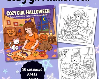 May include: A "Cozy Girl Halloween" coloring book with a cover illustration of a girl, cat, and dog in a Halloween scene. Includes 35 coloring pages and cover. The text "Instant Download | Printable PDF" is also visible.