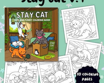 Cozy Cat Coloring Book v4 , 10 Funny Cat Moments for Adults & Teens (PDF File)