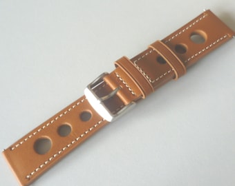 Mens tan leather Grand Prix rally sports watch strap watchband