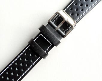 Correa de reloj deportiva de cuero negro para hombre, estilo rally de Gran Premio.
