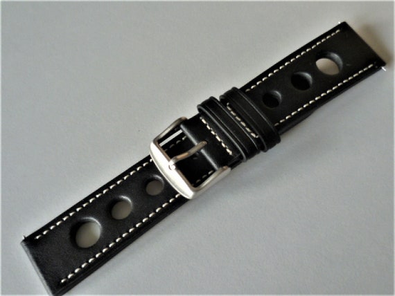 Mens black leather Grand Prix rally sports watch strap watchband