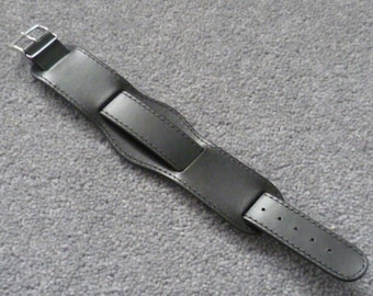 Mens quality black leather watchstrap watchband military army bund