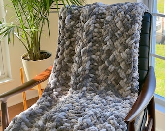 Handmade Chunky Knit Throw: Multicolor Blanket, Gray Throw, 35x50 inches