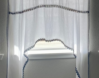 Window Treatments Curtains OoaK White Cotton with Black Lace Trim Modern Farmhouse Cottage Contemporary Style