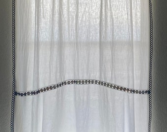 CUSTOM ORDER: Curtains OoaK White Cotton with Black Lace Trim, Two Panels 95”l X 55”w