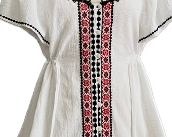 Unique Custom Made White Cotton Gauze Summer Top with Ethnic Ukrainian Embroidery, Button Front, and Drawstring Waist, Beach Coverup