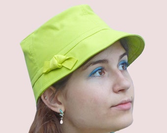 Vintage Style Bucket Sun Hat in Neon Green Lime Color Upcycled Cotton Linen Blend Fully Lined Soft Stretchy Easy Fit Travel Beach Gardening