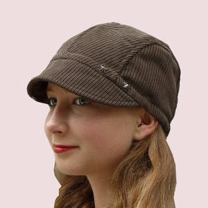 Soft Newsboy Cap in Plush Coffee Brown Corduroy with Cotton Lining and Elastic Band, Star Grommets Trim, Upcycled Materials