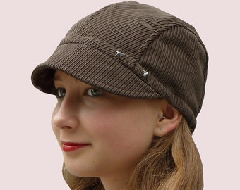 PAPER PATTERN: Newsboy Cap in Cotton Corduroy with Metal Star Grommets and Elastic Band, Eco Friendly