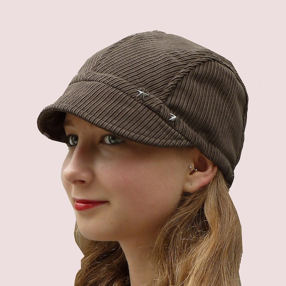 Soft Newsboy Cap in Plush Coffee Brown Corduroy with Cotton Lining and Elastic Band, Star Grommets Trim, Upcycled Materials