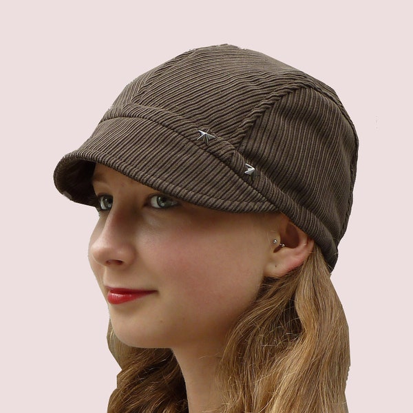 PAPER PATTERN: Newsboy Cap in Cotton Corduroy with Metal Star Grommets and Elastic Band, Eco Friendly