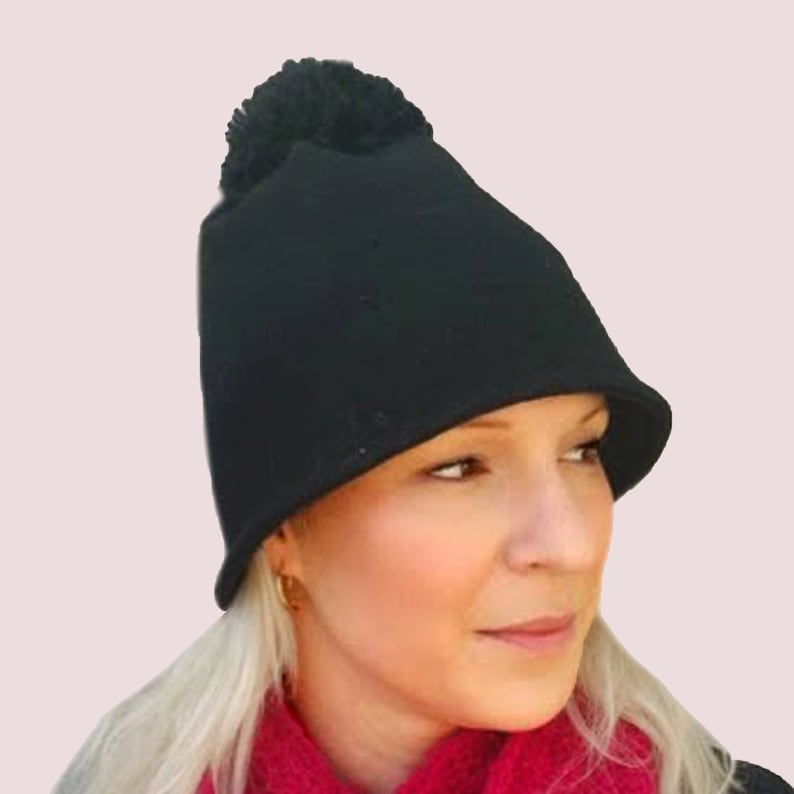 Brimmed Bobble Hat with Large Pompom in Soft and Stretchy Wool Knit Pompom Bell Jet Black Beanie