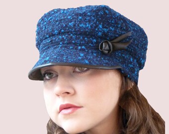 Slouchy Newsboy Cap in Blue Tweed Cashmere Blend Boucle Knit with Black Leather Trim, Wool and Angora Newsgirl Hat