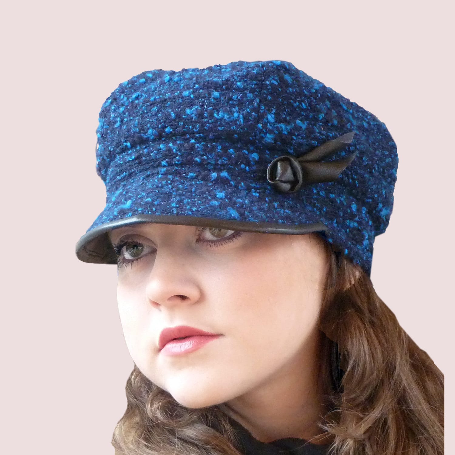 Slouchy Newsboy Cap in Blue Tweed Cashmere Blend Boucle Knit 