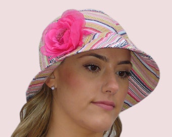 Wide Brim Sun Hat in Vintage Inspired Bonnet Shape Floppy Sun Hat in Upcycled Pastel Stripe Cotton Seersucker with Removable Pink Flower Pin