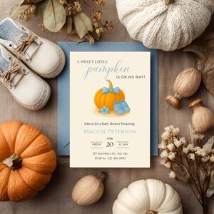 Little Pumpkin Is On The Way Baby Shower Invitation, Blue Bow Tie Pumpkin Baby Shower Invite, Fall Autumn Baby Shower Invite, Editable
