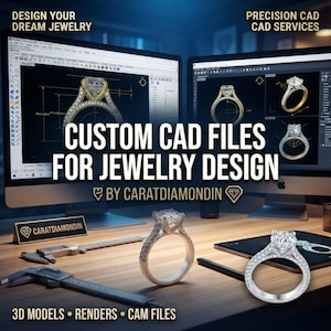 May include: Two computer monitors display CAD software with 3D ring designs. Text reads: DESIGN YOUR DREAM JEWELRY, PRECISION CAD CAD SERVICES, CUSTOM CAD FILES FOR JEWELRY DESIGN, BY CARATDIAMONDIN, 3D MODELS • RENDERS • CAM FILES. Two metal rings and calipers sit on a desk.
