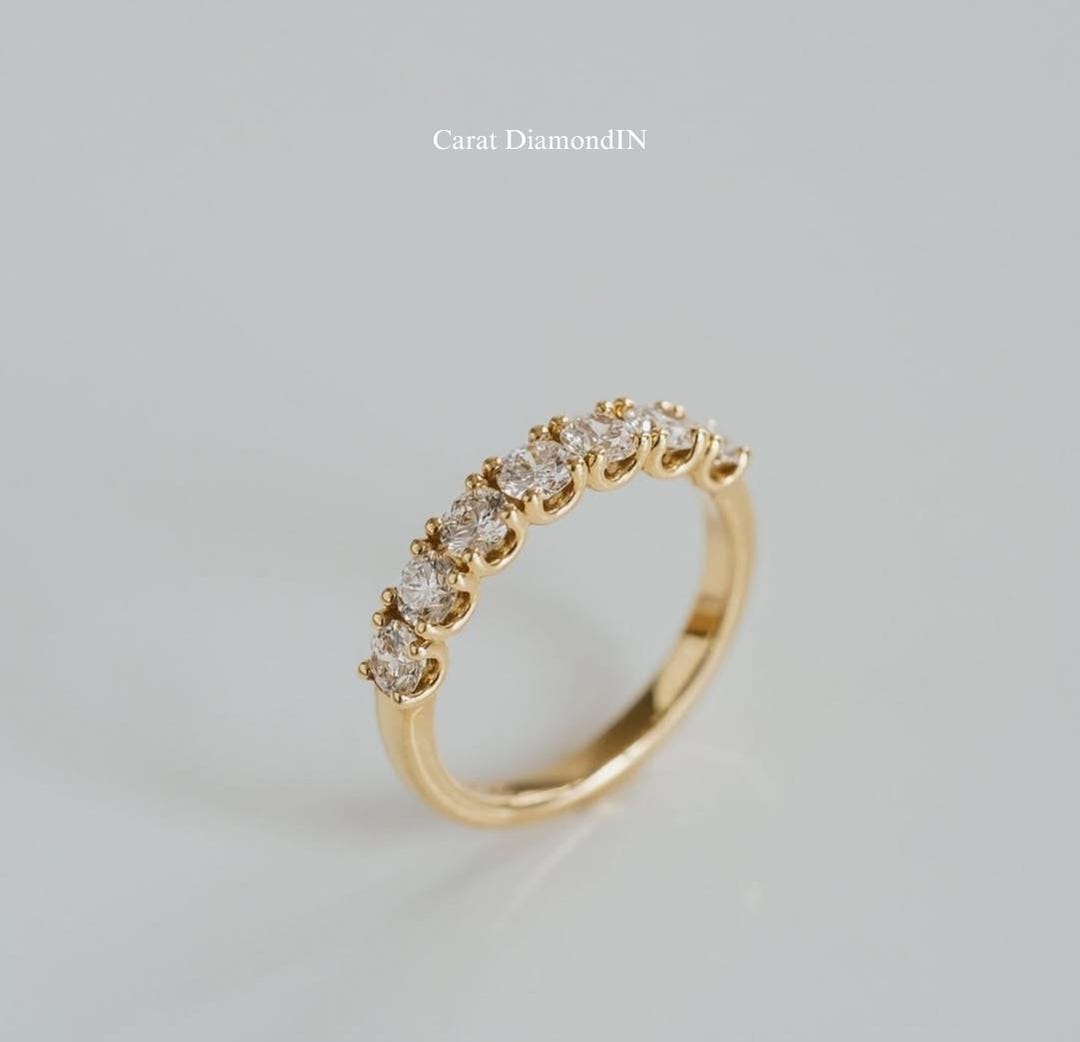 14K Gold Round Diamond Half Eternity Band, Dainty Wedding Ring ...