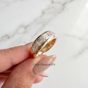 Custom Emerald Cut Diamond Band Thick 14K Gold Flush Set Push Present Ring