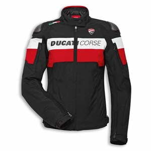 May include: Black motorcycle jacket with red and white stripes across the chest. The jacket features the words "DUCATI CORSE" in white. It has a stand-up collar, shoulder pads, and a small logo on the chest.