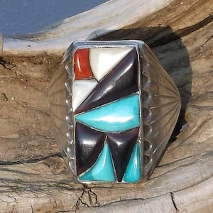 Signed Navajo Sterling with Turquoise, Black Onyx, Mother of Pearl and Red Coral Ring size 11 3/4