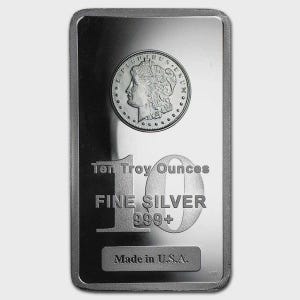 May include: A rectangular silver bullion bar with a polished finish. The top features a circular relief of a profile portrait. Text reads: Ten Troy Ounces, FINE SILVER, 999+, and Made in U.S.A. The bar has a smooth, reflective surface throughout.