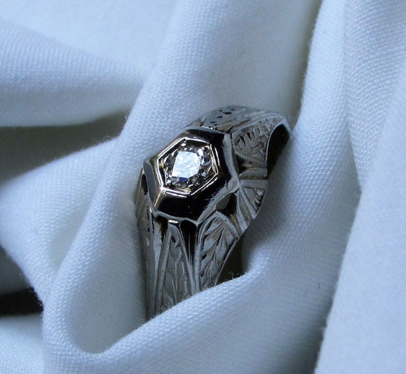 Antique 20K White Gold Diamond Ring 1920's Filigr… - image 4